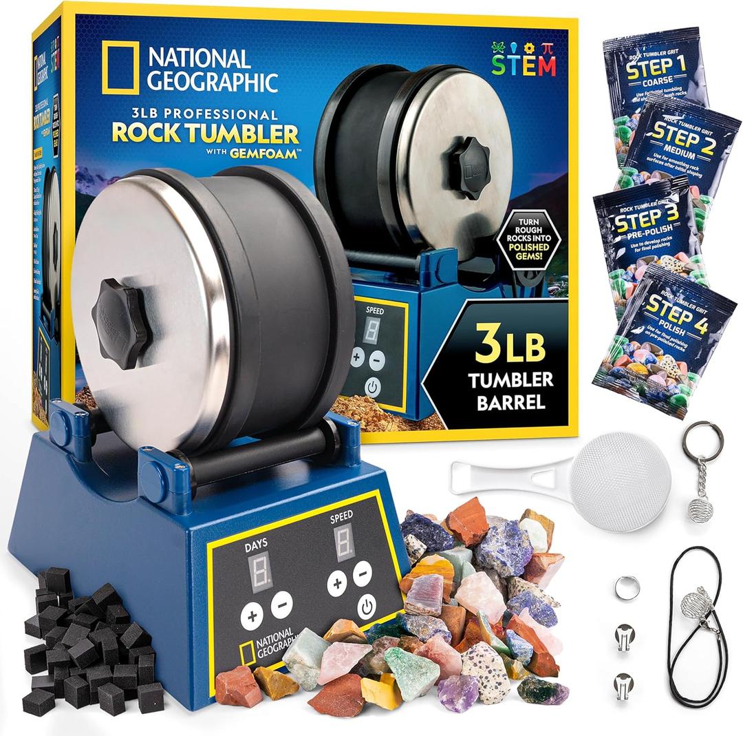 National Geographic Rock Tumbler Kit - 3 Lb. Extra Large Capacity Barrel with 3-Speed Motor & 9-Day Timer, Kit Includes Rocks for Tumbling and Rock Polisher Grit, Rock Tumbler for Adults and Kids
