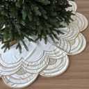 Starry Dynamo 60-Inch Beaded Scalloped Christmas Tree Skirt in Foam-Lined Satin, Button-Loop Closures, Pearl White