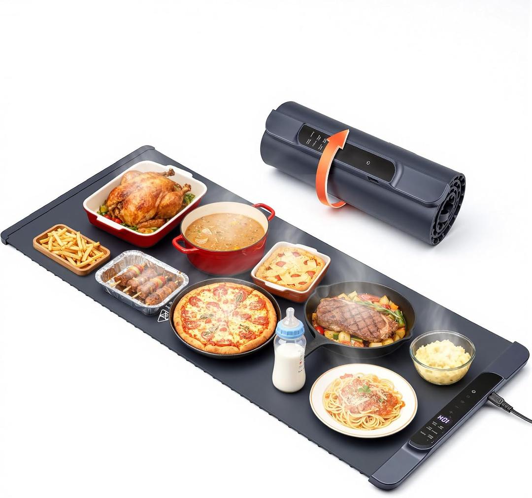 Warming Mat for Food 36" x 15", Rollable Food Warming Mat for Buffet Parties, 7-Level Temp 8-Hour Timer, Child Lock Safety, Long-Lasting Heat Retention, Gray