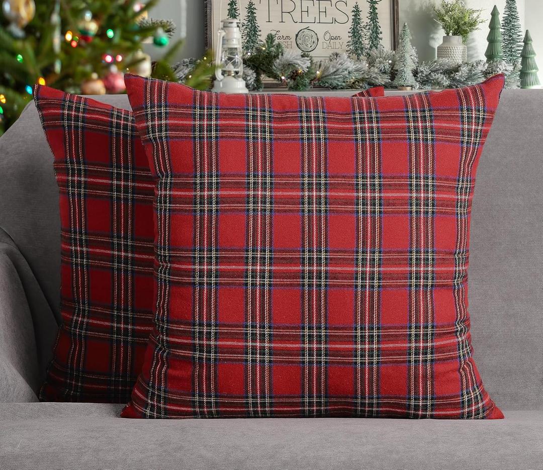 4TH Emotion Set of 2 Christmas Scottish Tartan Plaid Throw Pillow Covers Cushion Case Polyester for Farmhouse Home Decor Red and Green, 16 x 16 Inches