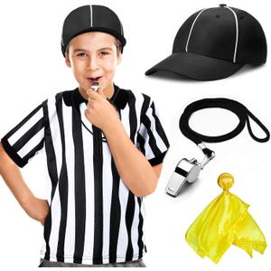 Funtery 4 Pcs Referee Costume Set Kids Referee Hat Stripe Shirt Whistle and Penalty Flag for Football Games Party Accessory (Small)