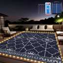 Lighted Outdoor Rug 8x10 ft, Solar Powered Patio Rug with 113 LED Lights, Waterproof Plastic Reversible Outdoor Straw Rugs, Rugs Mat for House Deck RV Camping Patio Beach Balcony Picnic (Blue White)