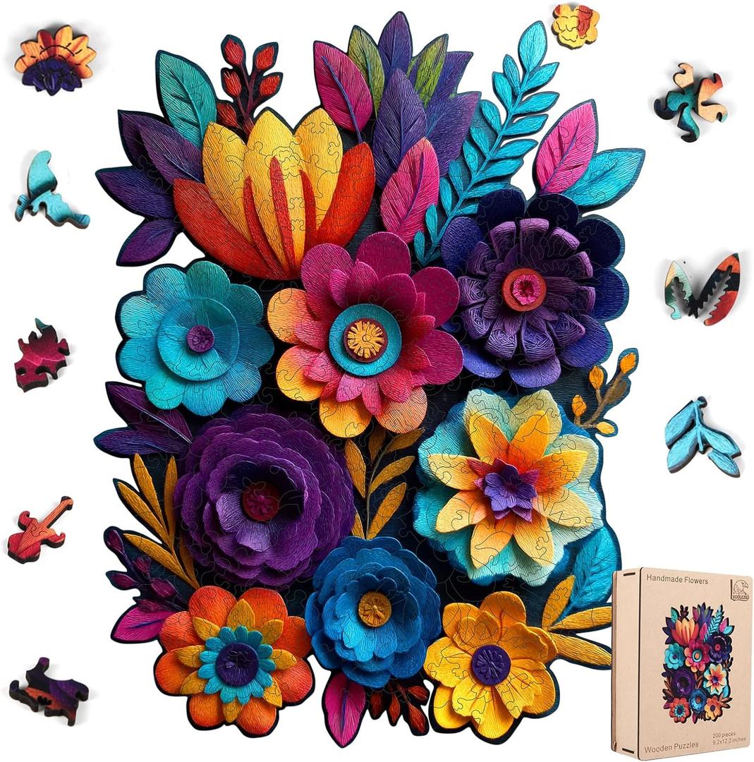 Leodozzio Wooden Puzzles for Adults, Handmade Flowers Autumn Jigsaw Puzzles 200 Pieces-5MM, Unique Shaped Wooden Puzzle, Birthday Gift Family Game, 9.2x12.2 Inch