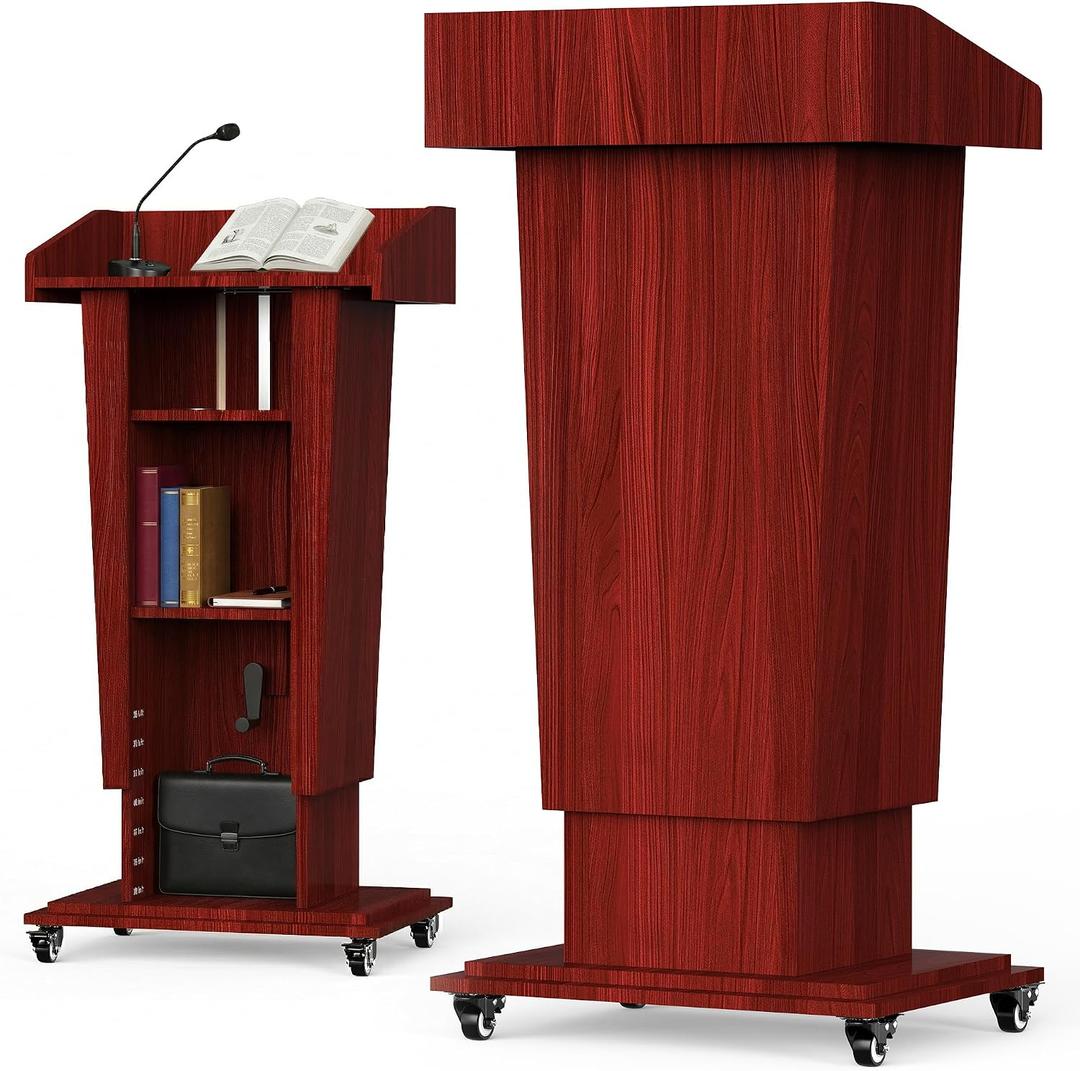 GARVIN Wooden Podium Stand with Wheels, 43"-55" Adjustable Height Podium Stand with Hand Crank, Wooden Pulpit for Churches with Storage Shelves&Cable Management Hole for Schools, Auditoriums