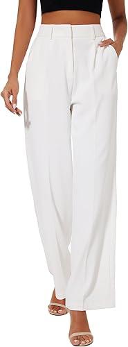 FUNYYZO Women Suit Pants Wide Leg Pants High Elastic Waisted in The Back Business Work Trousers Long Straight (White, Small)
