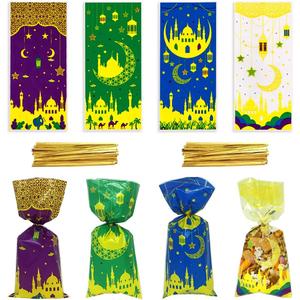 100pcs Eid Mubarak Bags - Ramadan Kareem Goodie Candy Bags for Eid al-Adha Party Supplies, 4 Colors, Muslim Castle Moon Star Plastic Cellophane Favor Bags