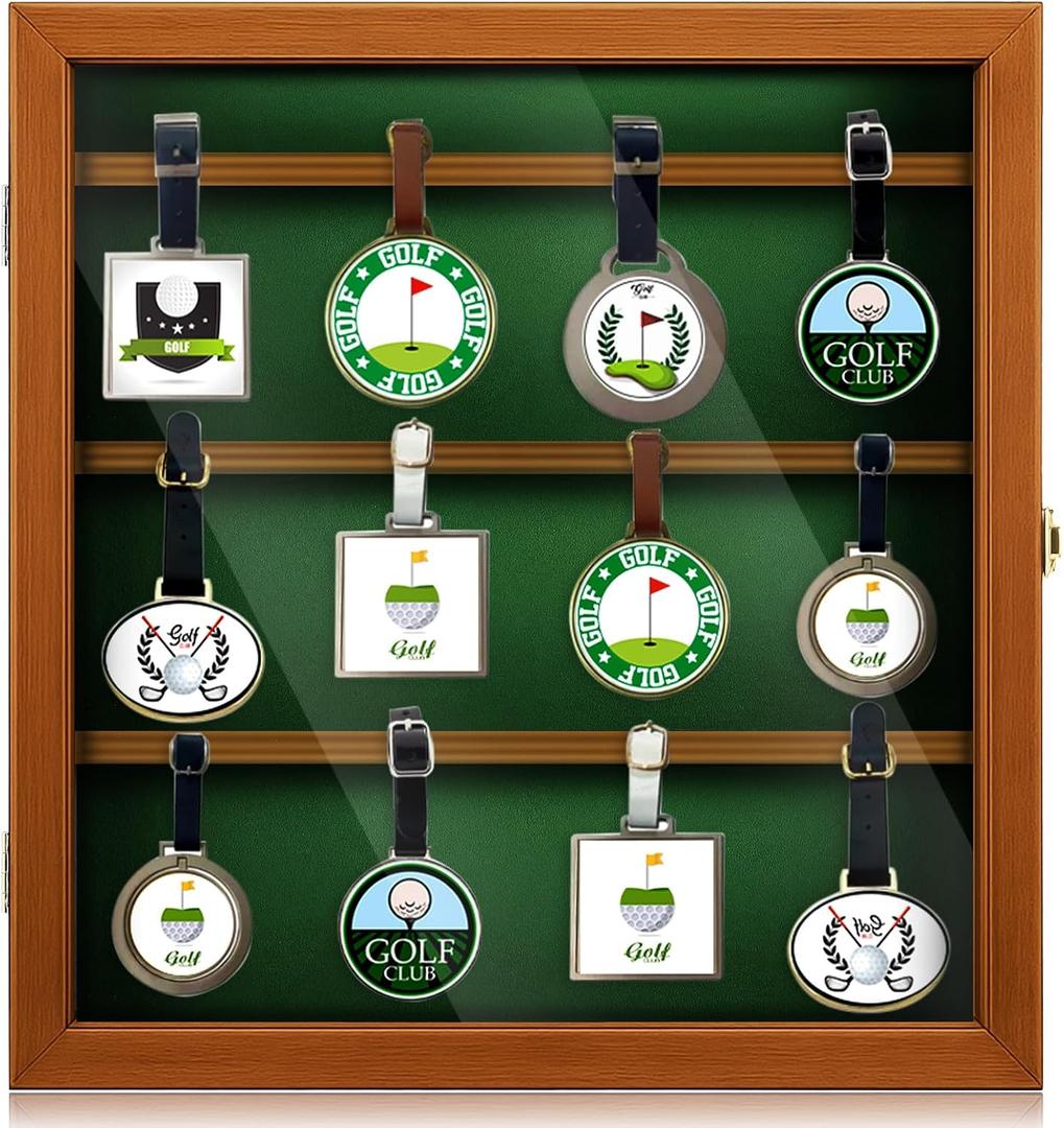 Silipull Golf Bag Tag Collection Display Case Holds 40 Bag Tags 16.54 x 15.35 x 1.77 Inch Wall Mount Wooden Shadow Box W/98% UV Acrylic Door Lockable Storage Display Box for Collection(Brown, Green)