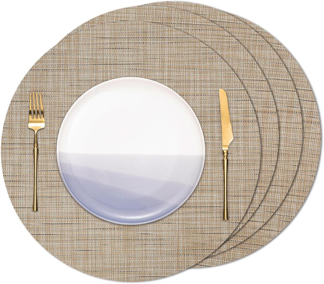 Round Placemats Set of 4 Heat Resistant Vinyl Placemats 15 inch Washable Non-Slip Table Mats Woven Place Mats for Dining Table (Beige, Set of 4)