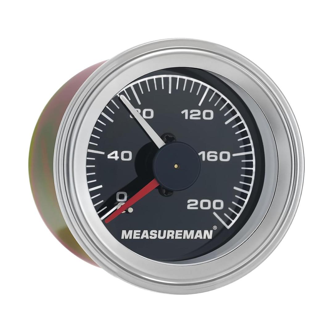 Measureman 200 PSI Mechanical Dual Analog Air Pressure Gauge for Air Ride Suspension Systems Black Dial Backlit Clear Lens Red & White Needles 2" 52mm