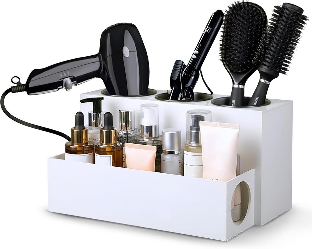 Hair Tool Organizer for Bathroom Vanity – Blow Dryer Holder with Stainless Cups for Hair Dryer, Curling Iron & Straightener, Countertop Hot Tools Holder and Hair Tool Storage (WHITE)