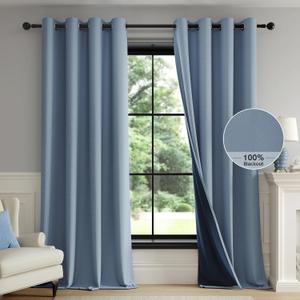 FMFUNCTEX 100% Blackout Curtains for Living Room, Slate Blue Curtains 96 Inches Long Weave Textured Thermal Insulated Curtains for Bedroom, Black Out Drapery Grommet Room Darkening 2 Panels