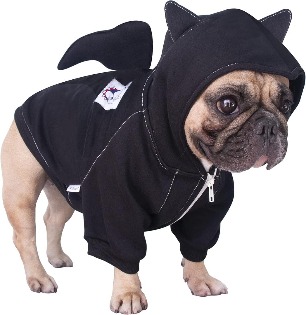 iChoue English Bulldog Bat Wing Dog Halloween Costumes Clothes Sweater Cute Funny for Cold Weather Winter Coats Hoodies - Black Bat, XXLarge (XX-Large ( 55 - 70 lbs ))