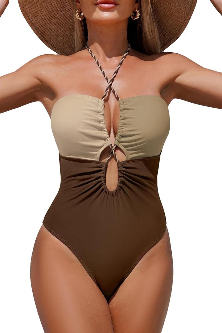 Women's One Piece Swimsuit Tummy Control Bathing Suit Sexy Flattering Cutout Criss Cross Swimwear (Large, Coffee Colorblock)