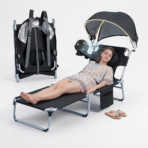Adjustable Folding Camping Lounge Chair with Canopy, Portable Reclining Camping Cot with Pillow, Fan & Side Pocket, Foldable Outdoor Chaise Lounge for Beach, Patio, Pool (Black), 
10 x 10 x 10 inches