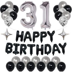 31st Black Silver Birthday Party Decorations for Men Women, Happy 31 Birthday Party Supplies with Black Happy Birthday Banner,31 Number Balloons, Silver Foil Stars, Happy Birthday Balloons for 31st Birthday
