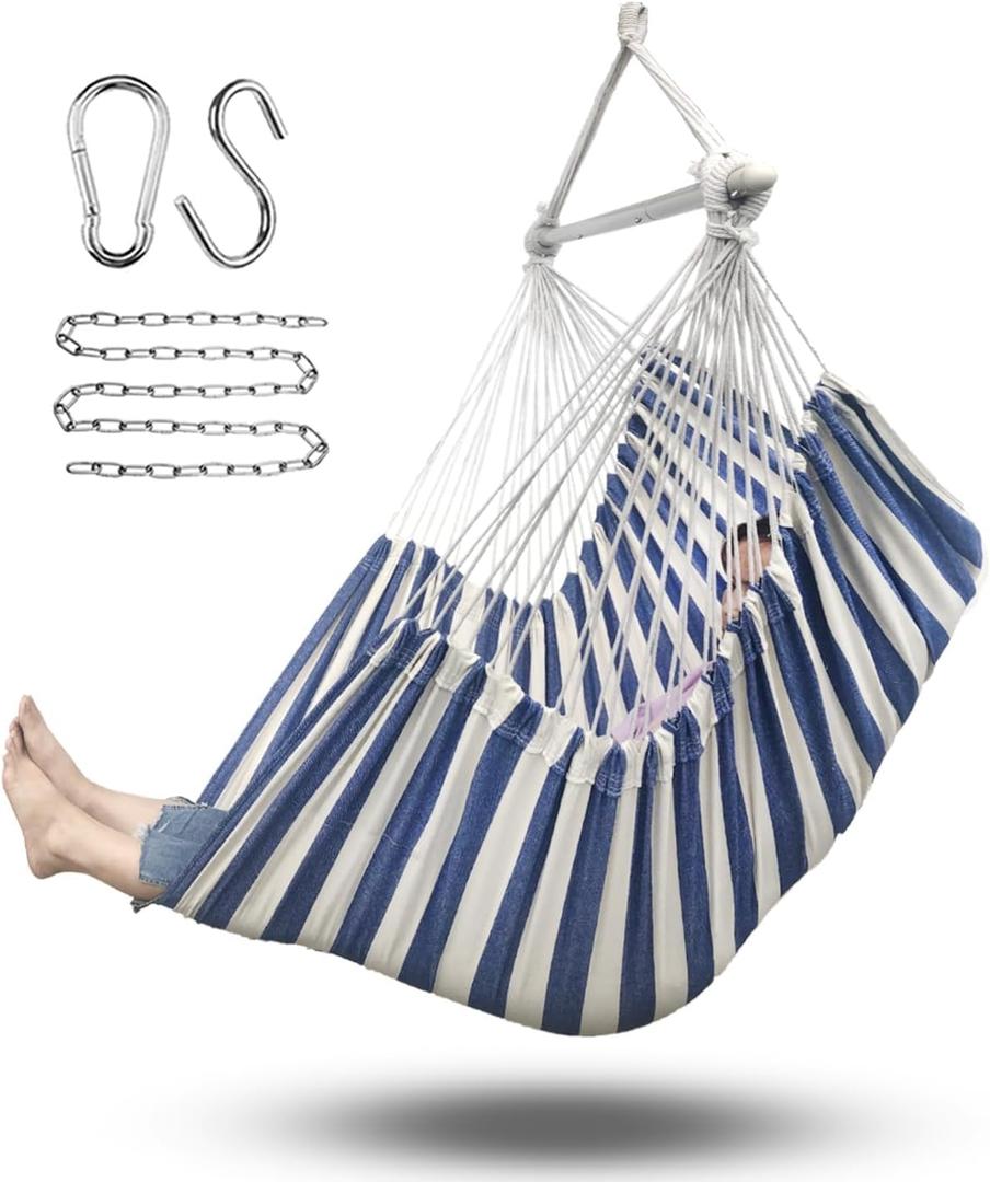 ADVOKAIR Hammock Chair Hanging Chair Rope Swing XXL - Max 500lbs, 70in Large Hammock Swing Chair -Portable Steel Spreader Bar with Anti-Slip Rings-Roomy & Strong (A Blue and White)