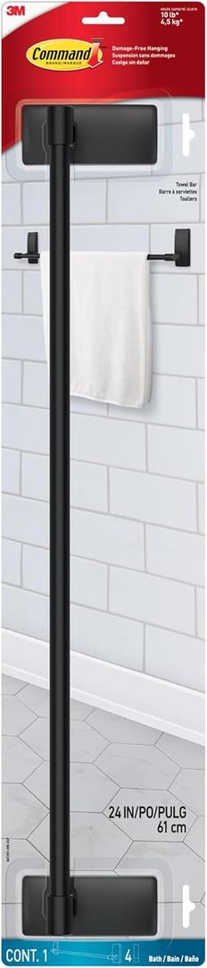 Command Bath Matte Black Towel Bar with Water Resistant Command Strips, Bathroom Organizer, 24 in Bar Length Holds up to 10 lbs