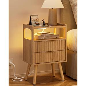 AEPOALUA Nightstand with Charging Station and LED Lights,Modern Bedside Table with 2Drawer and Open Shelf,Oak Night Stand with Solid Wood Legs,End Table for Living Room、Bedroom and Small Spaces