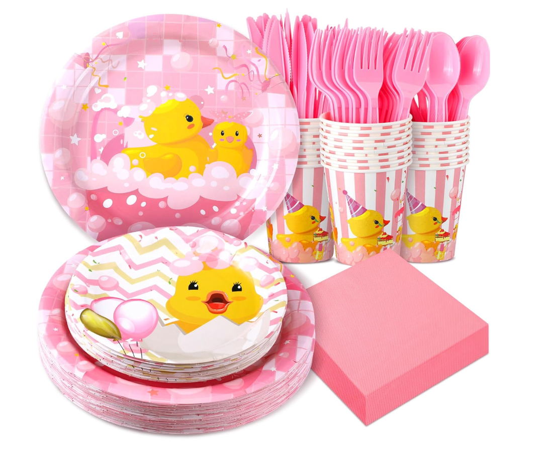 Yoande 194 Pcs Duck Birthday Party Supplies Pink Rubber Duck Tableware Party Decorations Include Plates Napkins Cups Knives Forks Spoons for Kids Girl Boy Gender Reveal Baby Shower for 24 Guests