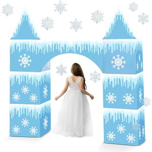 Bucherry 9 Pcs Winter Birthday Party Decorations Princess Castle Cardboard Playhouse Large Snowflake Castle 43 x 51 Winter Snowflake Princess Fort for Kid Girl Wonderland Birthday Decorations Kit
