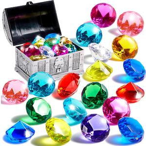 Sloosh Diving Gems Pool Toys,16 Big Colorful Diamond with Pirate Treasure Chest,Swim Dive Toy for Kids Underwater Gemstone Swimming Training Gift Water Toys Pool Games(Silver)