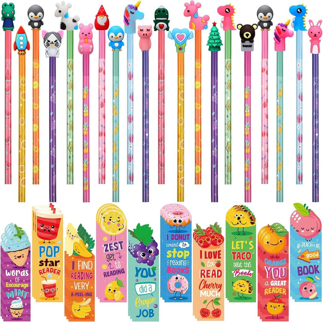 Teling 80 Pcs Scented Bookmarks and Smelly Pencils with Cute Toppers Set Fun Pencils Fruit Food Theme Scratch and Sniff Bookmarks Cartoon Pen Toppers for Kids Students Supplies (Cute Style)