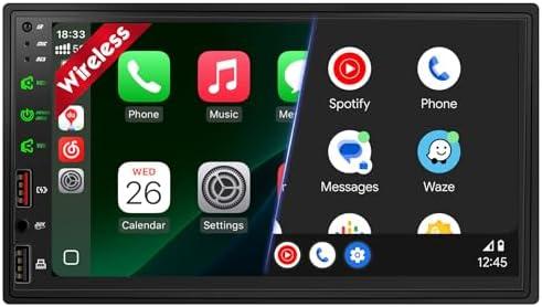 [Upgraded DSP] 7'' Double Din Car Stereo with Wireless Apple Carplay Android Auto, 240W Powerful Sound, FM/AM Radio, 7 Inch LCD Ultra HD Touchscreen, Bluetooth Handsfree, Waterproof Backup Camera, SWC