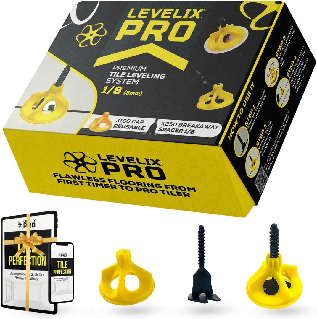 Tile Leveling System 1/8 - Flooring tools & Tile spacers - Complete starter Kit, 250 Breakaway Spacers & 100 Reusable Caps - For Professionals & DIY Projects - Free Ebook included