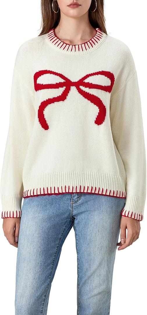 Women Bow Sweater Y2k Crewneck Long Sleeve Knitted Pullover Teen Girls Oversized Sweaters Cute Fall Tops (Medium, White)