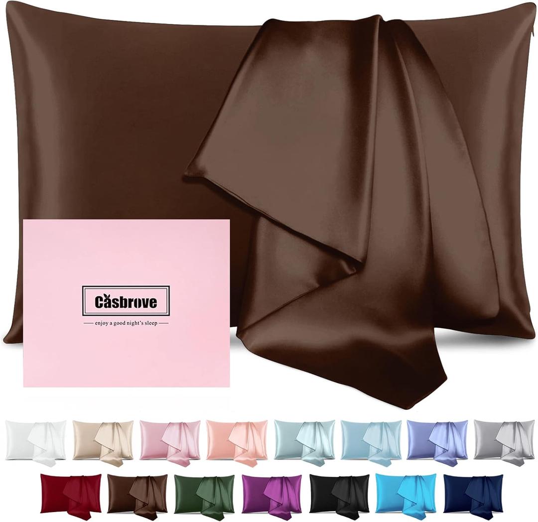 Silk Pillowcase for Hair and Skin Mulberry Silk Pillowcase Soft Breathable Smooth Both Sided Natural Silk Pillowcase with Zipper Beauty Sleep Silk Pillow Case 1 Pack for Gift(Standard,Brown)