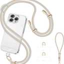 Derraffina Cell Phone Lanyard Adjustable Crossbody Phone Lanyard *1 Phone Wrist Strap *1 with Deluxe Gold Matal Buckle + Clear Tether Tabs *2 for Shopping Travelling Hiking Beige