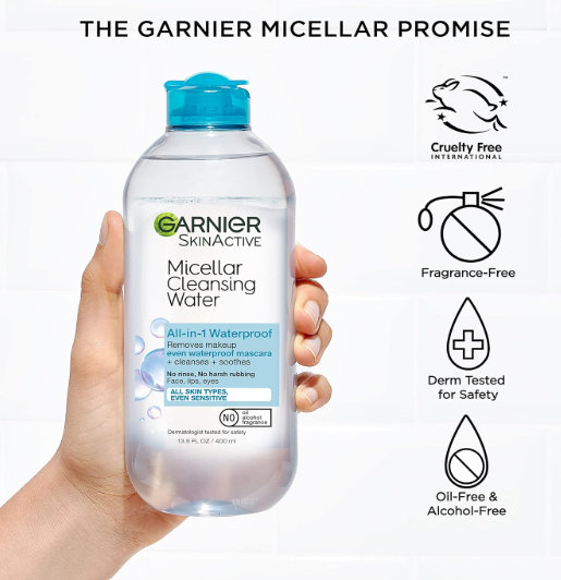 Garnier Micellar Water for Waterproof Makeup, Hydrating Facial Cleanser & Makeup Remover, Suitable for Sensitive Skin, Vegan, Cruelty Free, 13.5 Fl Oz (400mL)