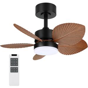 DAKASON Tropical Ceiling Fan with LED Light and 5 Palm Leaf Blades, 26" Quiet Reversible DC Motor, Brown Fan for Patio and Hallway