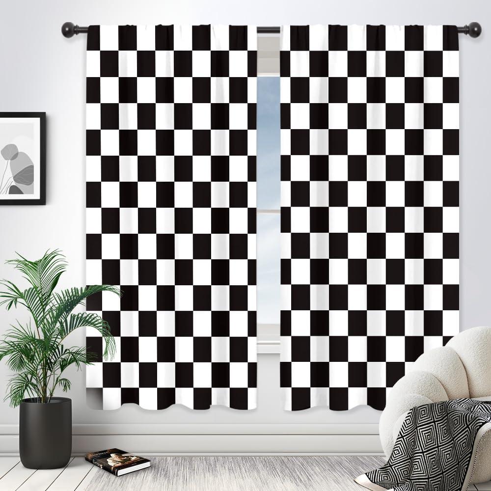 Riyidecor Checkered Curtains Black and White Abstract Race Car Flag Boys Teens Cute Retro Vintage Classic Hippie Groovy Rod Pocket Modern Bedroom Living Room Treatment Fabric 2 Panels 42Wx63H Inch