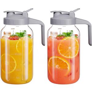 Glass Mason Jar Pitcher, 64 oz Wide Mouth Jug with Pour Spout Handle Lid for Cold Brew Coffee, Ice Beverage, Iced Juice, Lemonade, Sun Tea, Fruit Drinks Container(2Pack Gray)