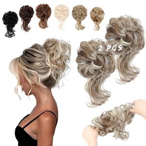 2PCS Messy Bun Hair Piece Tousled Updo with Tendrils Wavy Curly Hair Bun Scrunchies Ponytail Extension Elastic Band Hairpieces For Women (Light Brown mix Bleach Blonde)