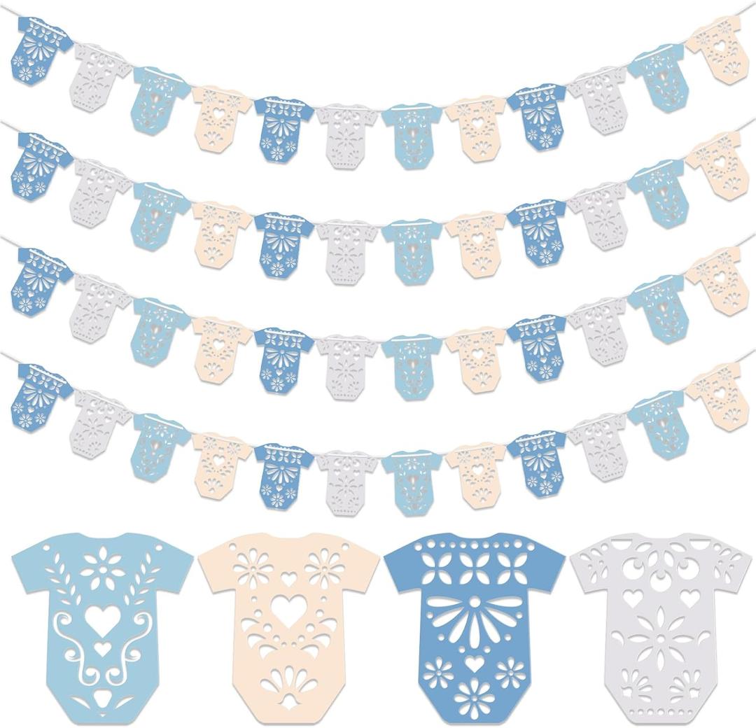 AmazingSpark 4 Set Cielito Lindo Baby Shower Garland 48 Pcs Blue Papel Picado Party Decorations Mexican Lace Baby Bodysuit Banner Card with Hanging String for Gender Neutral Party Supplies