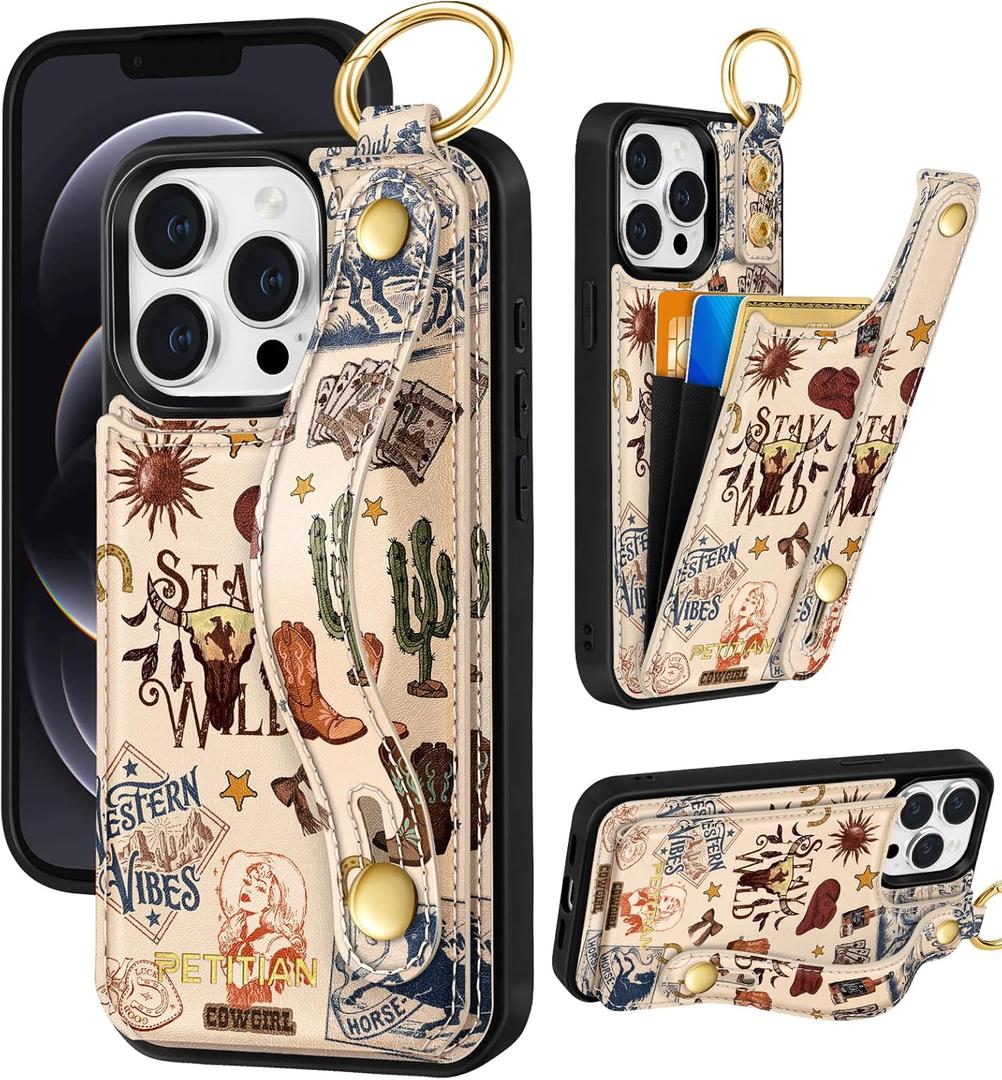 Petitian for iPhone 12/12 Pro Wallet Case - Women Girls Cute Girly Aesthetic Unique Design Leather Credit Card Holder Phone Cover Stand Wristband for iPhone 12/12 Pro, Western Cowboy