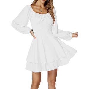 LYANER Women's Lantern Long Sleeve Wrap Tie Back Square Neck Double Layer Ruffle Hem A Line Short Mini Dress (White), Size: S