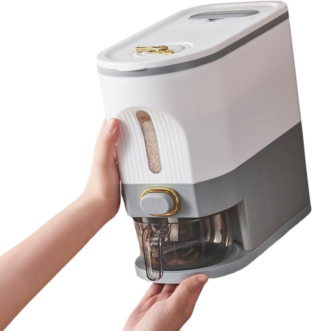 Sooyee 11Lbs Rice Dispenser,Rice Container with Lid Measuring Cylinder Moisture Proof Household,Food Dispenser for Rice, Grains Legumes and Corn (White)