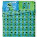 Jay Franco Kids Sheet Set with Fitted, Flat Sheets & Pillow Cover - Ultra-Soft Bedding with Pillowcase for Room Decor, Blue - Minecraft Creeper, 4 Piece Queen