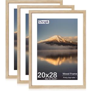 20X28 Poster Frame, Display Pictures 16X24 with Mat or 20X28 Without, Wall Hanging Frames, Natural Oak, 3 Pack