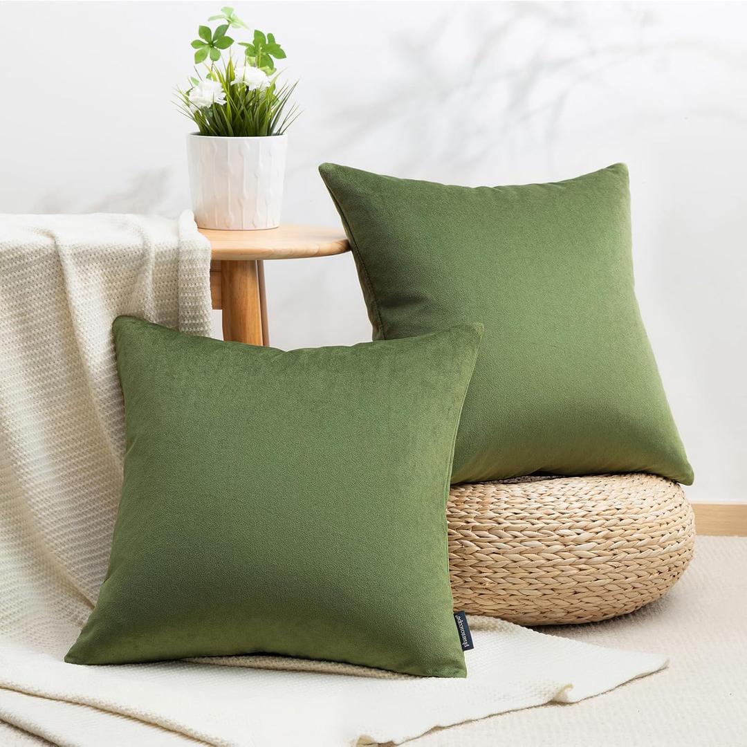 Phantoscope Pack of 2 Velvet Decorative Throw Decorative Pillow Cover Soft Solid Square Cushion Case for Couch Olive Green 18 x 18 inches 45 x 45 cm