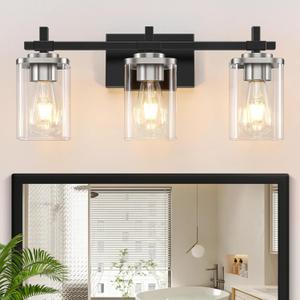 3-Lights Black and Nickel Bathroom Light Fixtures, Modern Vanity Light with Clear Glass Shade, Over Mirror for Bedroom Hallway Living Room
