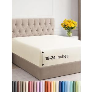 Extra Deep Full Fitted Sheet - Hotel Luxury Single Fitted Sheet Only - Easily Fits 18 inch to 24 inch Mattress - Ultra Soft, Wrinkle & Fade Free w/Extra Deep Pockets - Breathable & Comfy - Off White