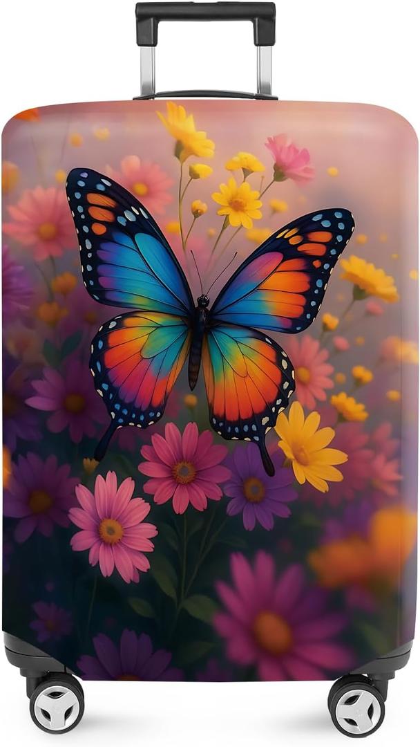 ANNA QUEEN Vibrant Butterfly Luggage Cover, Colorful Floral Design with Rainbow Butterfly, Stretchable, Washable Travel Sleeve for 20-34 Inch Luggage (#16)