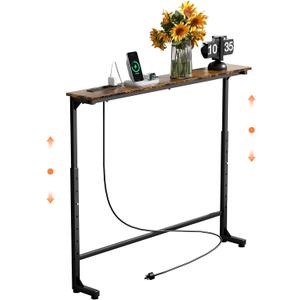 GRLEAF 45" Adjustable Height Narrow Console Table with Power Outlets, Long Sofa Table with Charging Station Behind Couch Table Skinny Entryway Table for Living Room, Hallway and Office  Rustic Brown