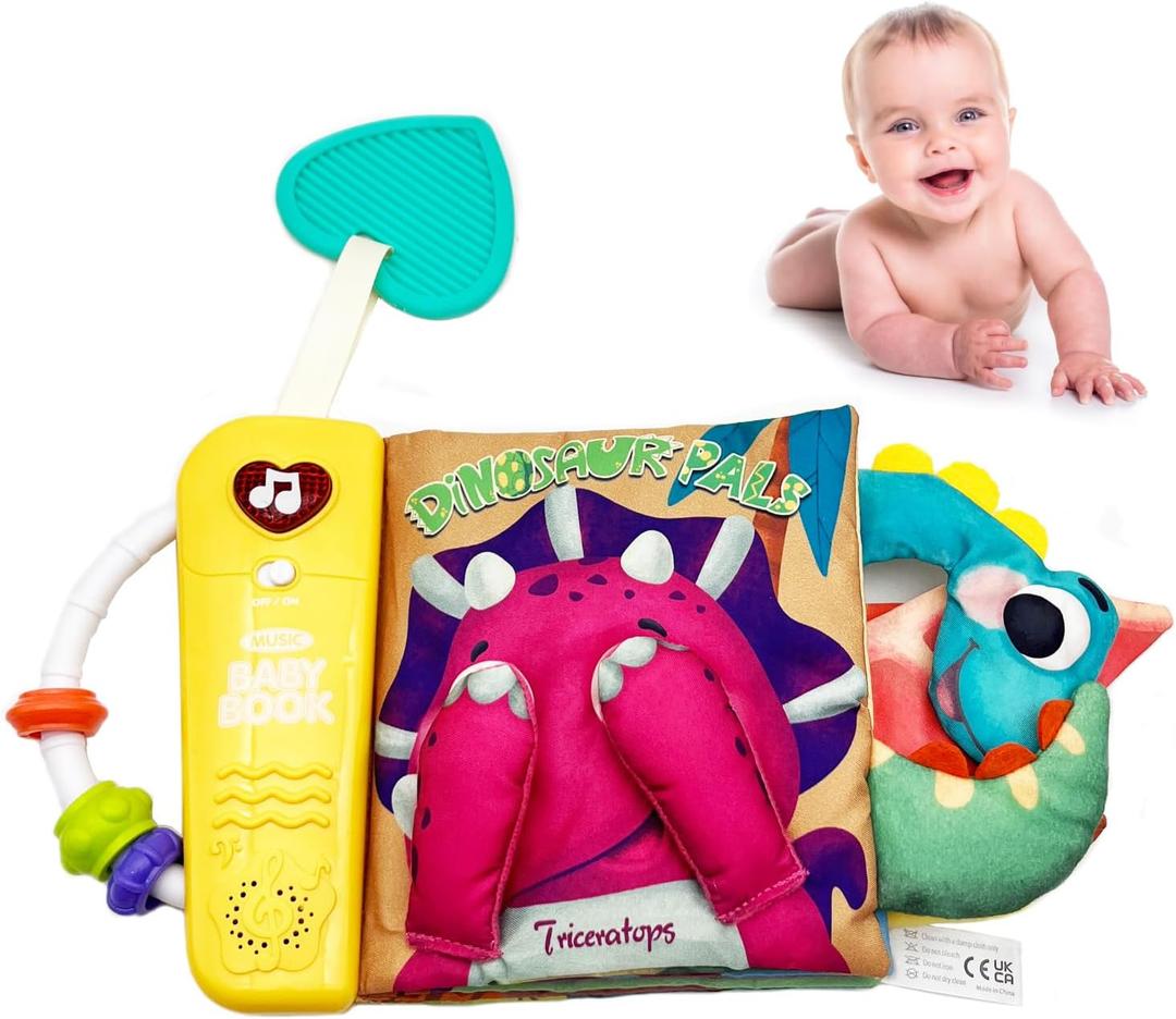 Baby Books Toys, Touch and Feel Music Cloth Book for Infant Baby 6-12-18 Months, Early Learning Education Shower Easter Gifts for Boys Girls (Dinosaur Pals) (Orange)