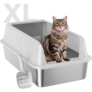 Stainless Steel Cat Litter Box XL for Big Cats, High-Sided Design Prevents Urine Leakage, Non-Stick, Easy to Clean, Includes Scoop, Gray