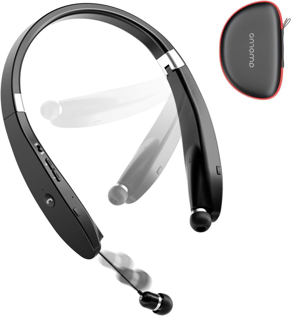 AMORNO Foldable Bluetooth Headphones Wireless Neckband Headset with Retractable Earbuds, Sports Sweatproof Noise Cancelling Stereo Earphones with Mic (Black)